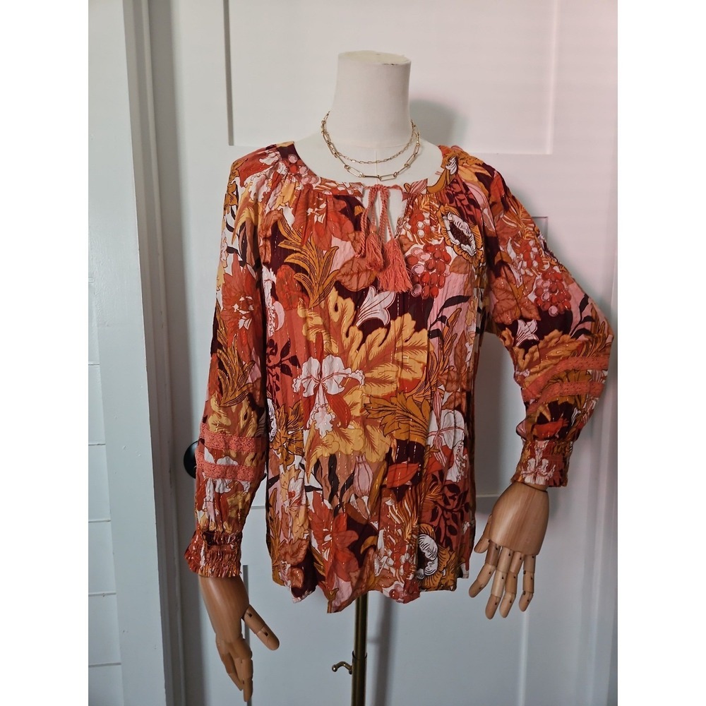 Jane Delancey Blouse L‎ Large Orange Floral Gold Metallic Stripe Tassel Keyhole
